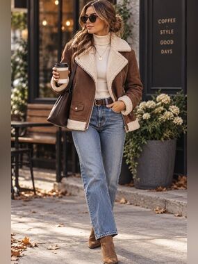 Avec Les Filles XS Brown Faux Shearling Aviator Moto Jacket Sherpa Lined